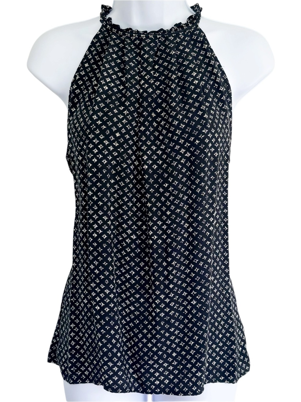 CYNTHIA ROWLEY 100% Silk Halter Blouse Black White Print Sleeveless Top S